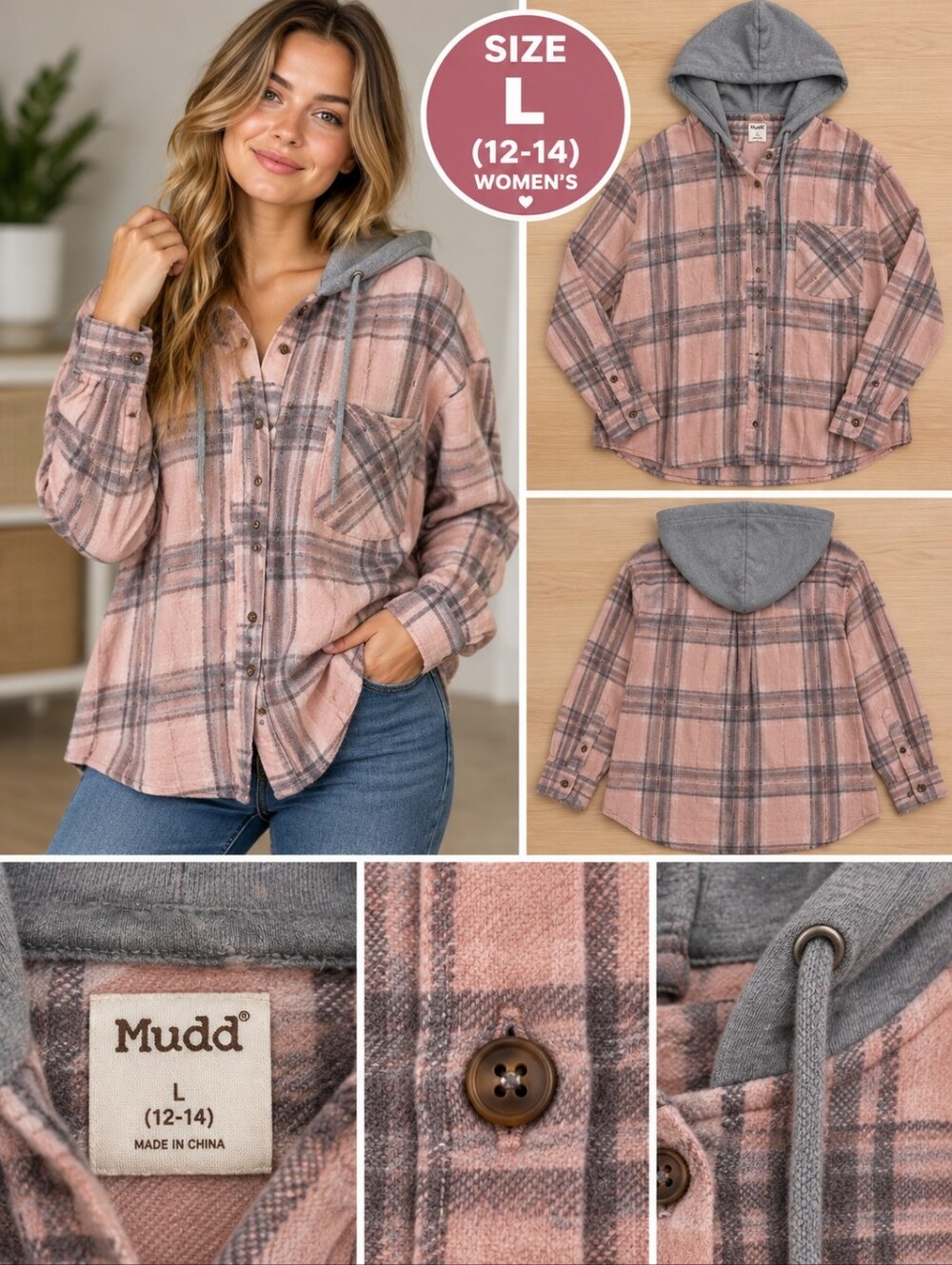 Mudd women's large hooded pink plaid button top #34